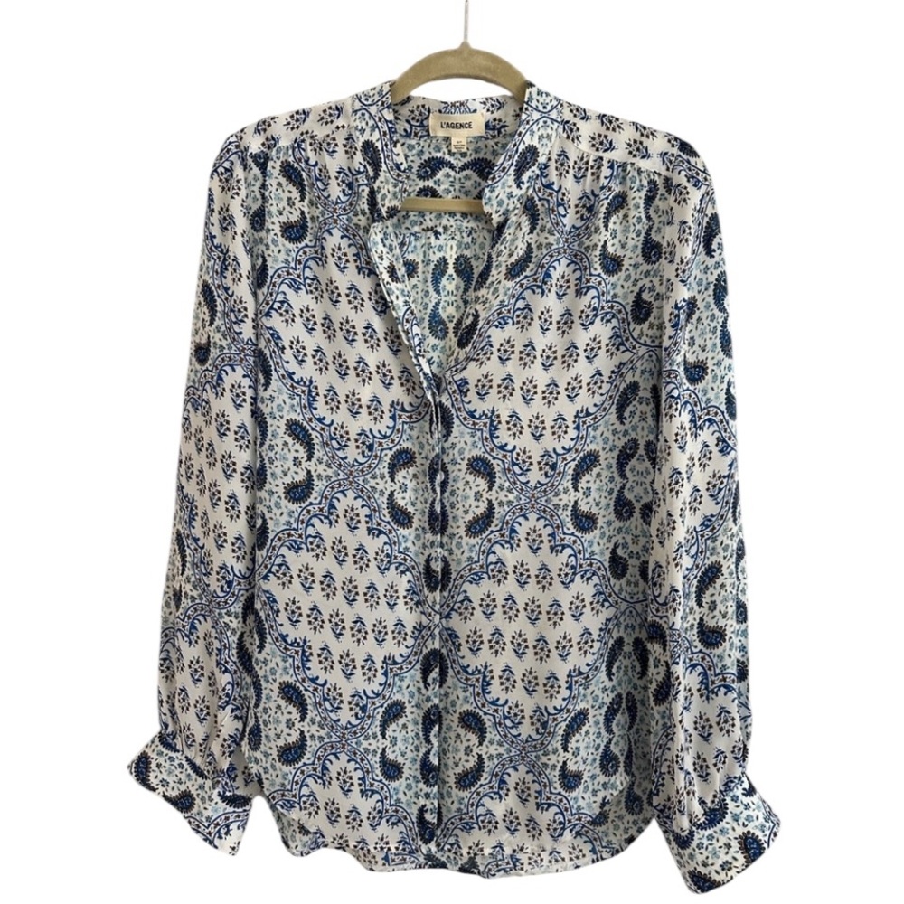 L'AGENCE White and Blue Paisley Silk Blouse